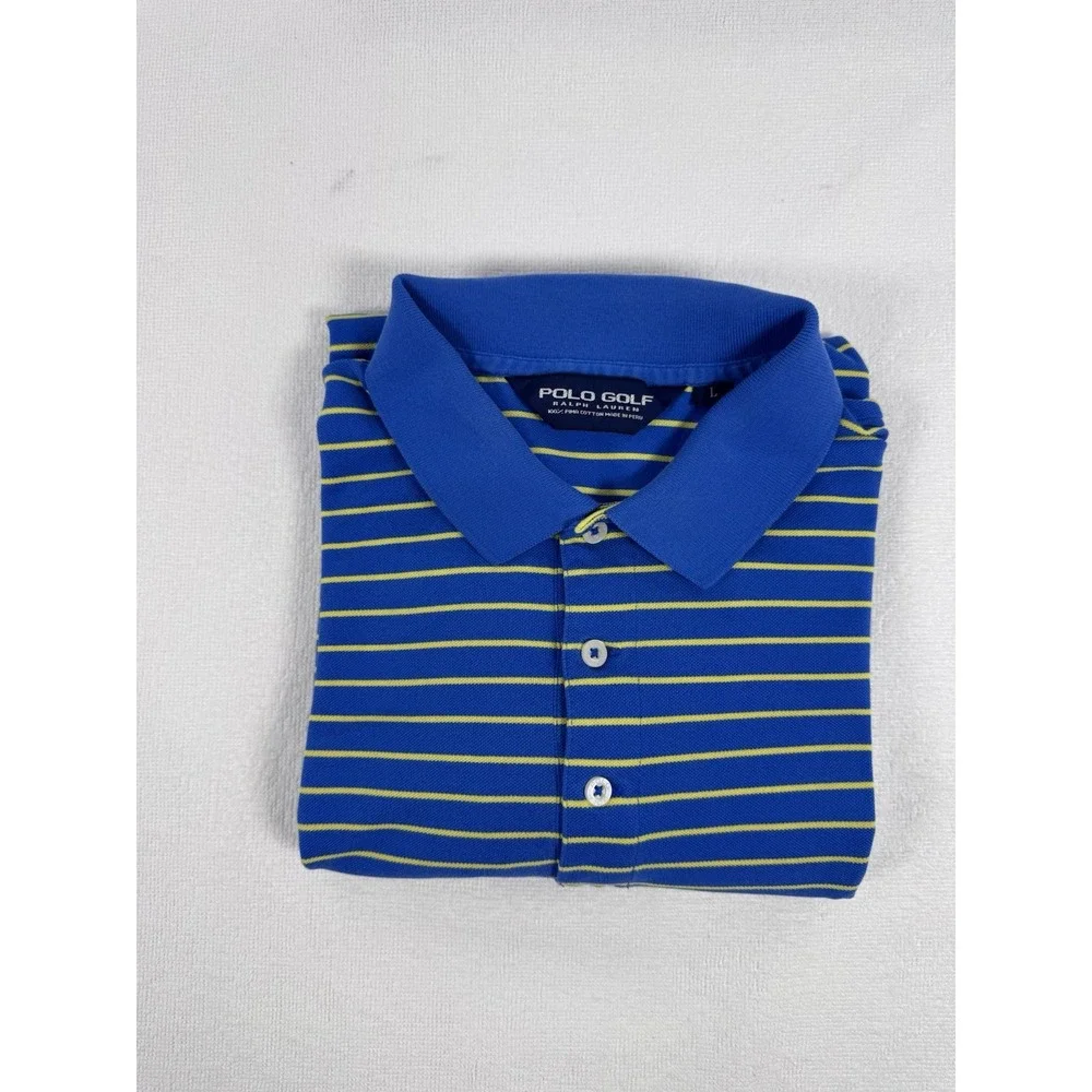Polo Golf Ralph Lauren Mens Large Blue Yellow Striped Pima Cotton Polo Shirt